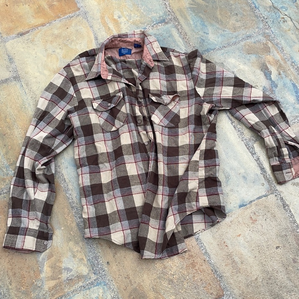 Vintage brown, tan and in maroon flannel shirt, front pocket